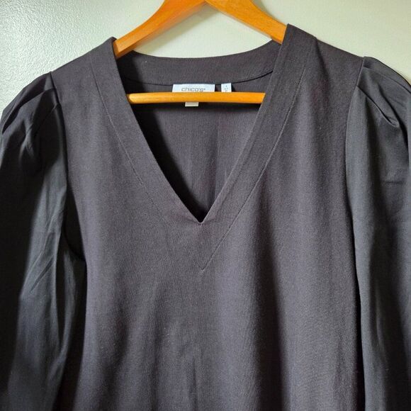 EUC LIKE NEW CHICO'S BLACK V NECK PUFFED LONG SLEEVES TOP SIZE 1 / US M WOMENS - Picture 8 of 16